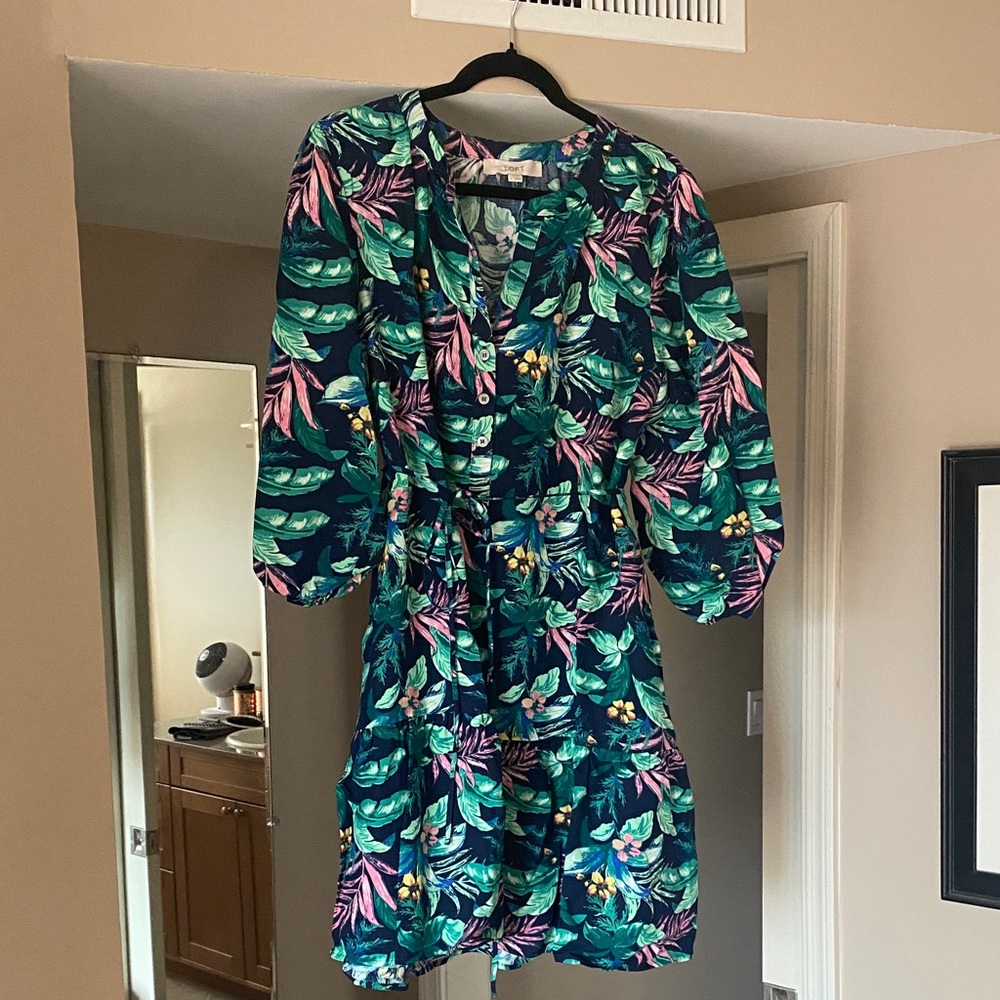 LOFT Tropical Green and Pink Mini Dress